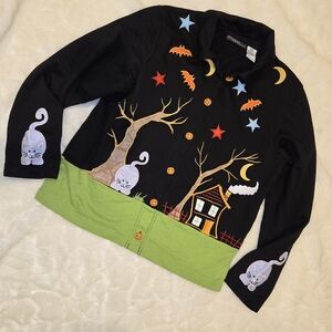 1990 Halloween Onque Casuals Lightweight Button Up with Colorful Embroidery